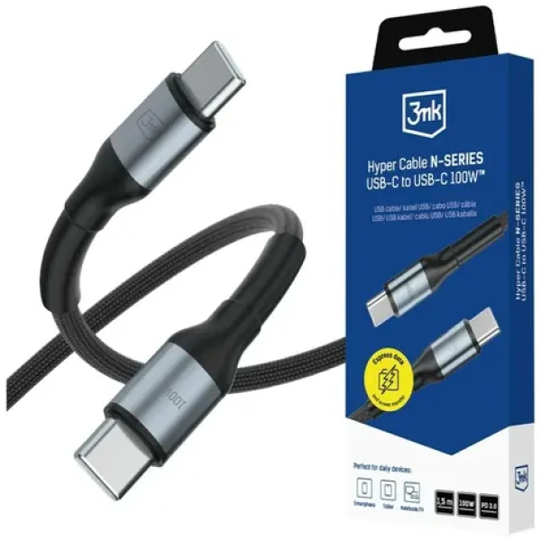 3mk Hyper Cable N-SERIES čierna / Dátový kábel / USB-C na USB-C / 1,5 m / 100W / PD 3.0 / QC 3.0 (5903108758192)
