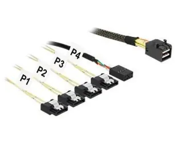 DeLock 85732 / Kábel SAS / Mini SAS HD SFF-8643 (M) 4× SATA 7 pin + Sideband / 1 m / čierny (85732)