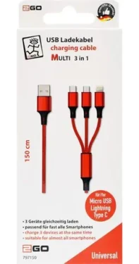 2GO 3in1 nabíjací kábel červená / USB-A - USB-C / Micro-USB / Lightning / 1,5 m / nylon / 3 A (797150)