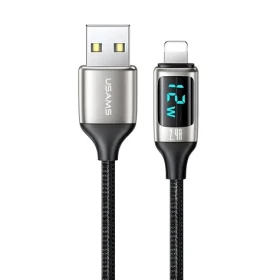 USAMS SJ543 U78 strieborno-čierna / Dátový kábel / Lightning / 1.2 m / LED / 2.4A (SJ543USB02)
