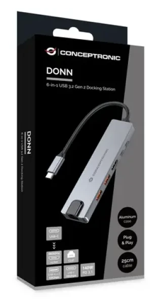 Conceptronic DONN29G / USB-C dokovacia stanica / 6v1 / 2x USB-A 3.2 / 2x USB-C / HDMI / Gigabit Ethernet (110524107101)