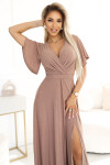 581-4 JENNIFER trblietavé dlhé šaty s rukávmi a výstrihom - MOCHA MOUSSE WITH BROKER M