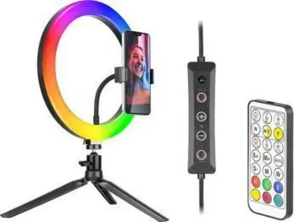 Tracer RGB Ring 26 cm / Kruhové LED svetlo / statív na telefón / diaľkové ovládanie / 18 farieb (TRAOSW46807)