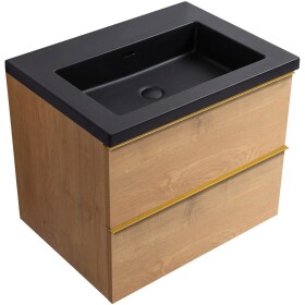 CERANO - Kúpeľňová skrinka Velora - dub medový, úchytka zlatá + umývadlo z lit. mramoru Ovo - čierna matná - 70,5x58x46,5 CER-979981