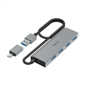 HAMA USB hub šedá / 4 porty / USB 3.2 / 5 Gb / s / USB-C adaptér / sieťový zdroj (200138)