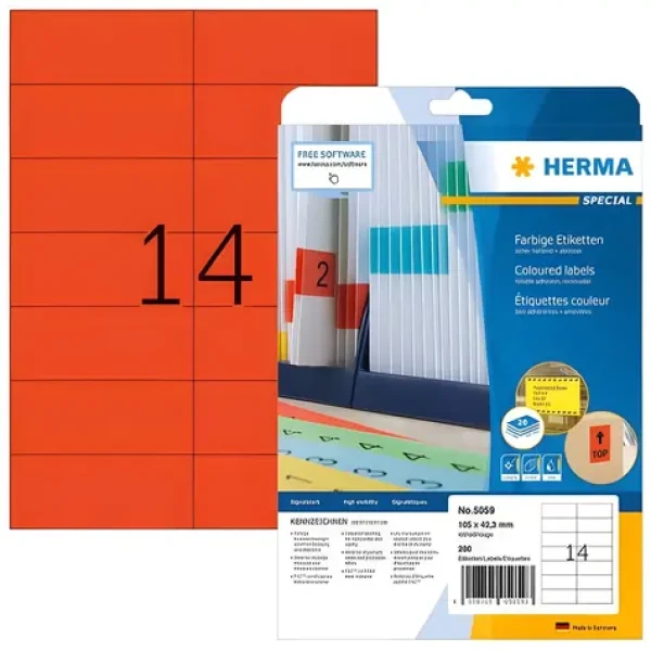 Herma Etikety červené 105x42,3 mm / Etikety / papier matný / A4 / odnímateľné / 280 ks (5059)