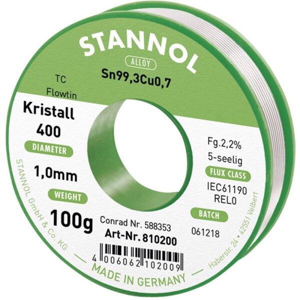 Stannol Ecology TC spájkovací cín bez olova cievka Sn99,3Cu0,7 REL0 100 g 1 mm; 810036