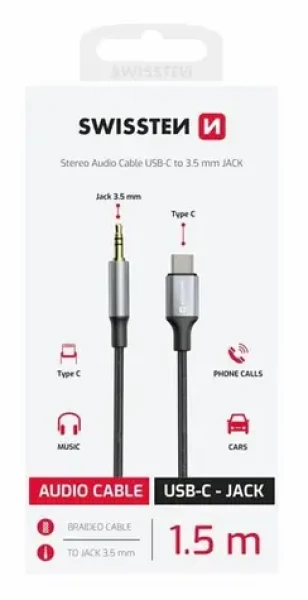 Swissten TEXTILE Audio adaptér USB-C (M) - 3.5mm Jack 1.5m čierna (73502309)