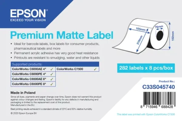 Epson Premium Matte Label 105x210 mm / Etikety / Die-cut role / 282 ks / vodeodolné (C33S045740)