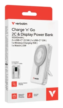 Verbatim Charge 'n' Go 2C strieborná / Powerbanka / 10000 mAh / Displej / USB-C / Bezdrôtové nabíjanie 15W (32273)