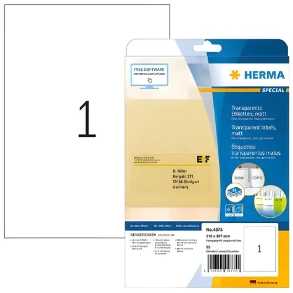 Herma etikety transparentné matné A4 210x297 mm / Etikety / fólia / laser / 25 ks (4375)