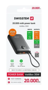 Swissten 22013937 VOLTBOX 20000mAh čierna / Powerbanka s integrovanými káblami (22013937)