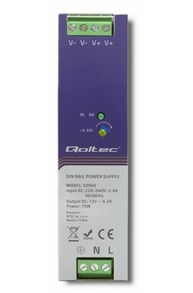 Qoltec 50905 Priemyselný napájací zdroj na DIN lištu 75W biela / napájací zdroj / 12V / 6.3A (50905)