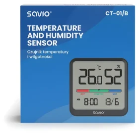 Snímač teploty a vlhkosti CT-01/B čierna / Senzor / vnútorný / LCD displej / hodiny (SAVCT-01/B)