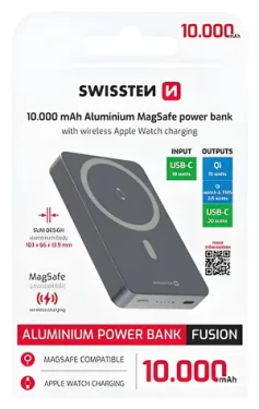 Swissten Fusion 10000 mAh strieborná / Power Bank / MagSafe / nabíjanie Apple Watch