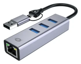 Conceptronic multiportový adaptér USB-C a USB-A sivá / USB-LAN adaptér / Gigabit Ethernet / 3x USB-A 3.0 / 5 Gbit/s (ABBY25G)