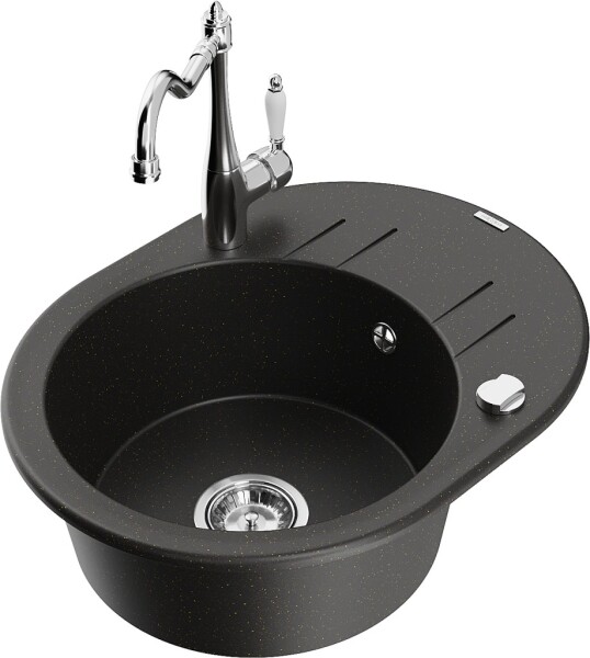 MEXEN/S MEXEN/S - Kevin granitový drez 1-miska s odkvapkávačom vrátane batérie Carla, čierna/zlatá metalik 6517-75-670700-00