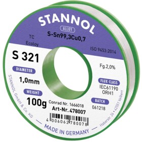 Stannol S321 2,0% 1,0MM SN99,3CU0,7CD 100G spájkovací cín bez olova bez olova, cievka Sn99,3Cu0,7 ORH1 100 g 1 mm; 631921