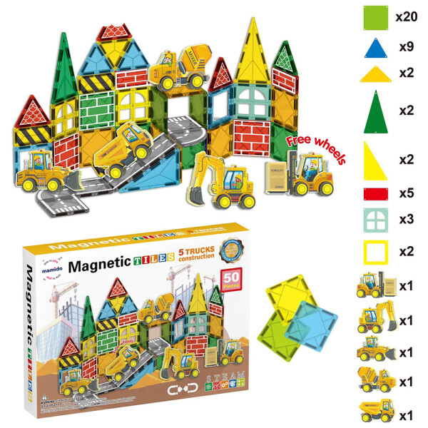 Mamido Mamido Magnetická stavebnica dopravné mesto 50 dielov, 5x stavebné vozidlá MT1446