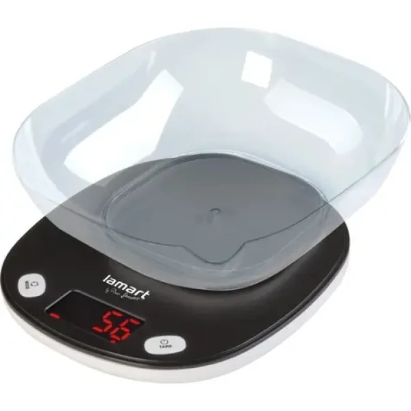 Lamart Pezo Kuchynská váha s miskou čierna / LCD display / max 5000g / 2x AAA / plast (8590669335732)