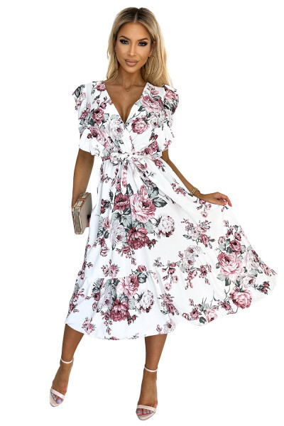 466-1 Šaty GABRIELLA s volánom, výstrihom a viazaním - BIELE S HRAJÚCIMI PINKAMI UNI