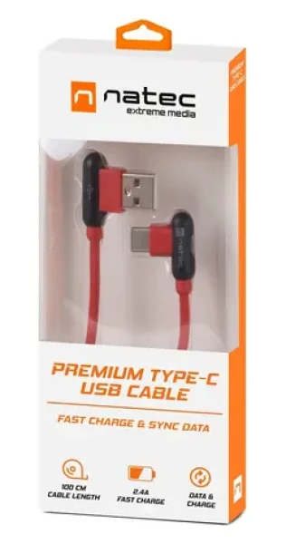 Natec Prati červená / Dátový kábel / USB-C - USB-A / uhlový konektor / 1 m (NKA-1201)