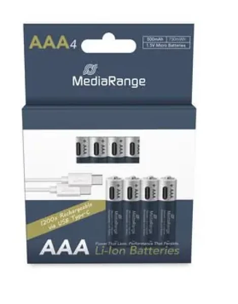 MediaRange nabíjací USB-C Li ION batéria Micro AAA / 500mAh / 1.5V / 4ks (MRBAT160)