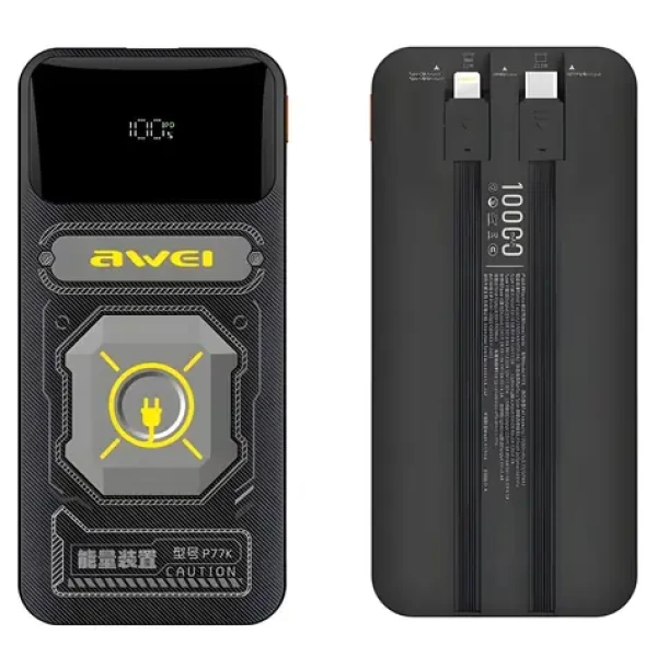Awei P77K čierna / Powerbanka / 10000mAh / 22,5W / vstavané káble USB-C a Lightning / displej (P77K)