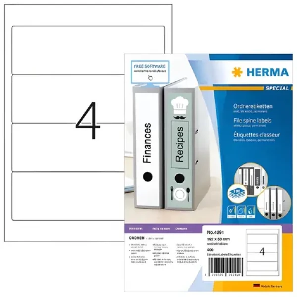 Herma Etikety na zakladače 192x59 mm / biele, krycie / 100 listov / 400 ks (4291)