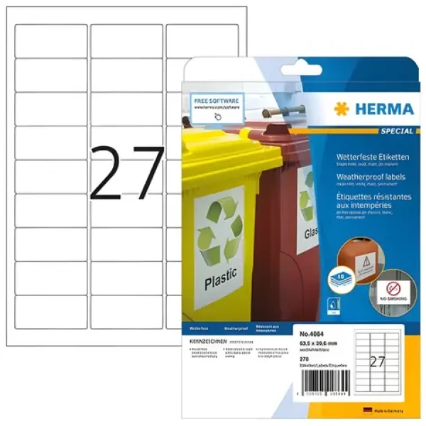 Herma Inkjet etikety A4 biela / Etiketa / vodeodolné / matné / 63,5x29,6 mm / 270 ks (4864)