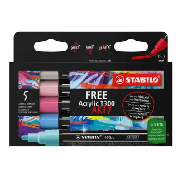 STABILO® FREE Acrylic - T300 Okrúhly hrot 2-3 mm - Candy - 5 ks sada s 5 rôznymi farbami (692/5)