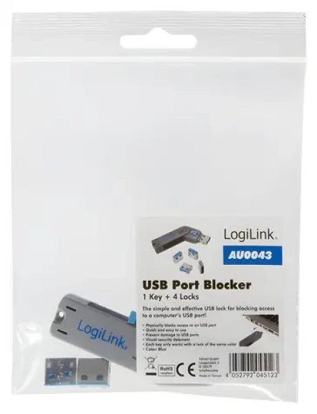 LogiLink AU0043 modrá / Blokovač USB portov / 4X zámok + kľúč / USB Typ-A (AU0043)