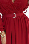 639-1 Elegantné plisované maxi šaty s opaskom a obálkovým výstrihom - bordové UNI