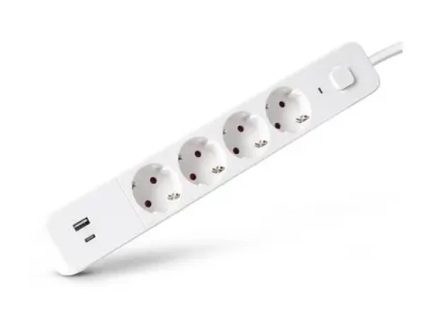 Entac 4-zásuvkový predlžovací blok s USB biela / Predlžovací kábel / 4X 230V / 1x USB-A / 1x USB-C / 1,5 m / vypínač (ESES1.5G4-1.5-SW-1UA1UC)