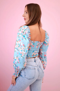 Dámska španielska blúzka s kvetinovým vzorom, dlhý rukáv, modrá UNI