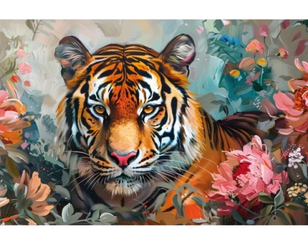 Obraz na plátne Tiger v kvetoch, 90x60 cm, efekt olejomaľby%