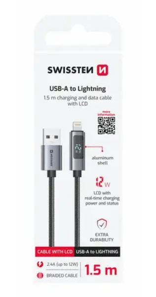 Swissten Kábel USB-A na Lightning s LCD displejom 1.5m čierna / 12W / USB-A (M) / Lightning (71551070)