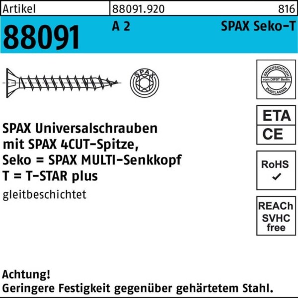 SPAX SPAX Seko-T 880919209030030 zápustné skrutky 3 mm 30 mm T-STAR plus 88091 nerezová ocel A2 200 ks; 1197000300303