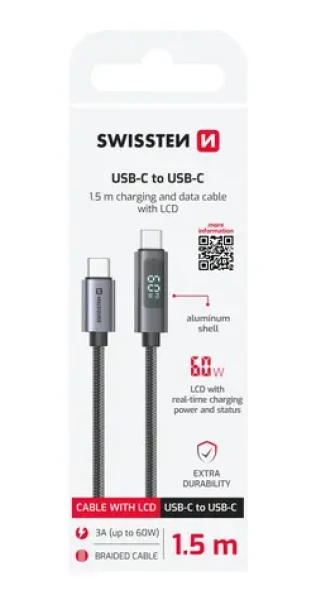 Swissten Kábel USB-C s LCD displejom 1.5m čierna / 60W / 2x USB-C (M) (71551074)