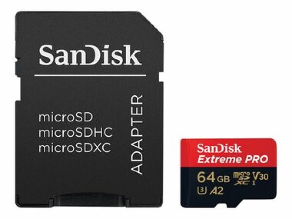 SanDisk Extreme PRO microSDXC 64GB + adaptér / Class 10 / A2 / V30 / UHS-I U3 / čítanie: až 200MBs / zápis: až 90 MBs (SDSQXCU-064G-GN6MA)