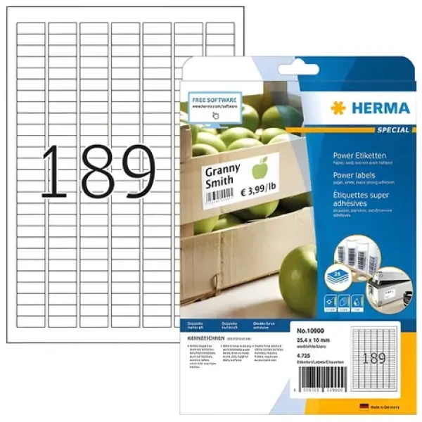 Herma Etikety 25,4x10 mm biele extra silne lepiace / Etikety / Papier / 4725 ks / A4 (10900)
