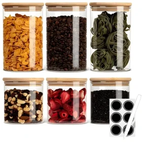 Classbach VD 4029 / Sada dóz na potraviny / 6 ks / 3x 600 ml 3x 1000 ml / sklo / okrúhle / bambusové veko (414031)