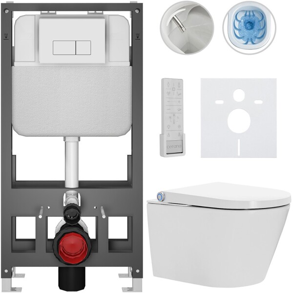 CERANO - Závesné WC s bidetom Basic/Cronus Premium - biela lesklá - WC tlačidlo Modulo/Biela - voľne stojaca - predstenová inštalácia - 59,3x38,4 CER-8050BD86497
