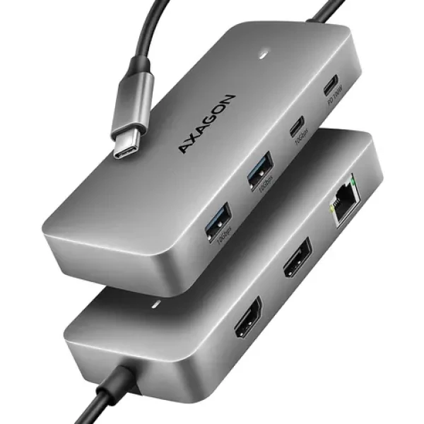 Axagon HMC-CUB83X2, USB 10Gbps húb, 2x USB-A, USB-C, HDMI a DP 4k/144Hz, RJ-45 GLAN, PD 100W, kábel USB-C 15cm (HMC-CUB83X2)