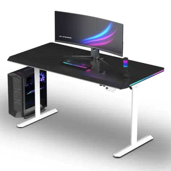 Ultradesk Quest biela čierna / Herný stôl / 140 x 70 cm / 72-120 cm / elektrická nastaviteľná výška / LED RGB osvetlenie (UD-QST-FRWT/DTBB)
