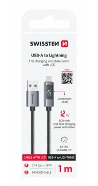 Swissten Kábel USB-A na Lightning s LCD displejom 1m čierna / 12W / USB-A (M) / Lightning (71551071)