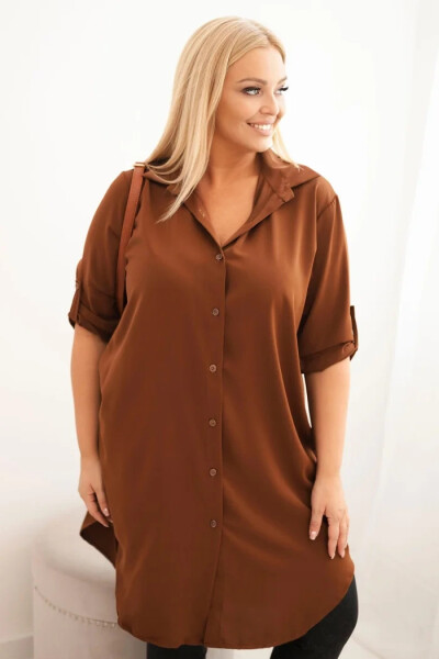 Dámske plus veľkosť košeľové šaty s dlhším chrbtom a vyhrnutými rukávmi Dark Camel UNI