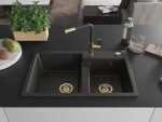 MEXEN/S MEXEN/S - Tomas granitový drez 2-bowl vrátane batérie Flora, čierna/zlatá metalik 6516-75-670401-57-G