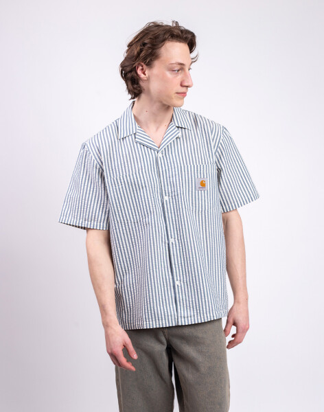 Carhartt WIP S/S Leavel Shirt Leavel Stripe, Blue River M