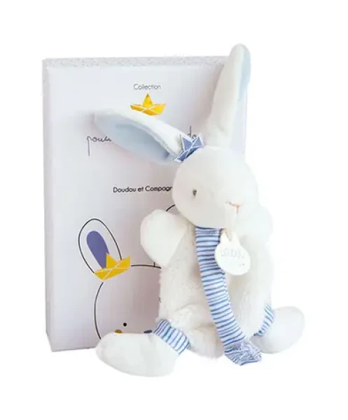Doudou Darčeková sada - Hračka s úchytom na cumlík králiček 15 cm modrý